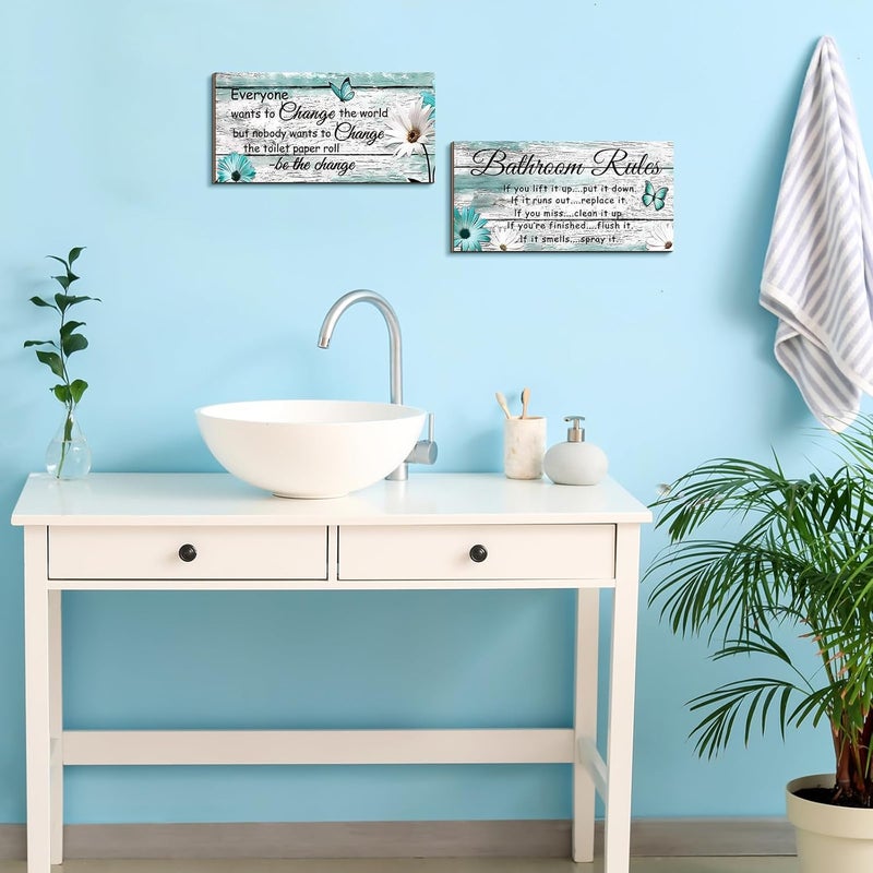 Jetec 2 قطع لافتات حمام مضحكة ديكور جدار الحمام ملحقات جدار المرحاض لافتات خشبية ريفية (نمط فراشة) - Image 5